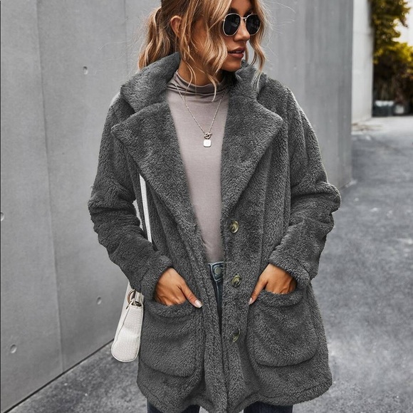 Warm khaki comfy button pocket teddy jacket coat - Picture 12 of 12